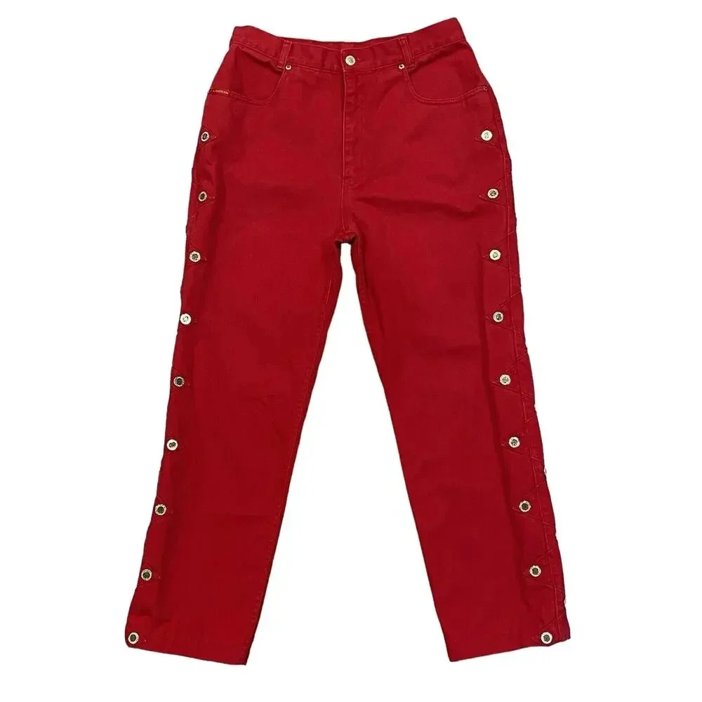 Vintage Lawman Western Red Jeans 15/16 Side Button Bareback Cowboy Hemmed Pants